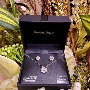 NWT Sterling Silver Diamond Necklace and Ear Set